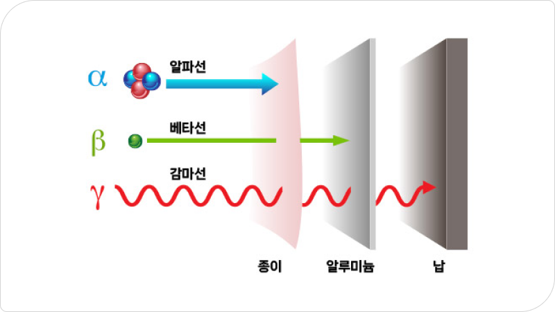 방사선의 투과력을 나타내는 그림이다. 알파선은 종이를 통과하지 못한다. 베타선의 경우 종이는 투과했으나 알루미늄은 투과하지 못했다. 그러나 감마선은 투과력이 커 납과 같은 밀도가 큰 물질로만 차단할 수 있다.