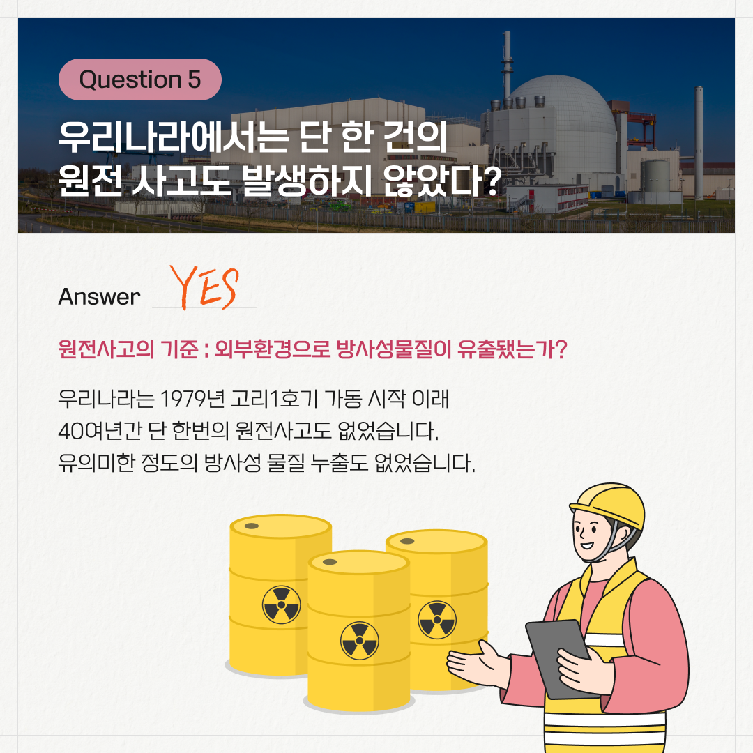Question 5. 우리나라에서는 단 한 건의 원전 사고도 발생하지 않았다? / Answer. YES / 원전사고의 기준: 외부환경으로 방사성물질이 유출됐는가? / 우리나라는 1979년 고리1호기 가동 시작 이래 40여년간 단 한 번의 원전사고도 없었습니다. 유의미한 정도의 방사성 물질 누출도 없었습니다.