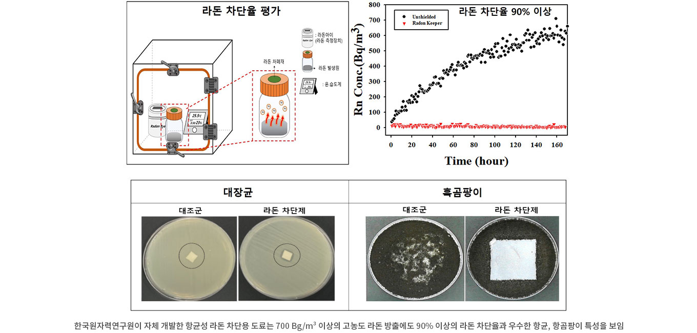 한국원자력연구원이 자체 개발한 항균성 라돈 차단용 도료는 700 Bg/m³ 이상의 고농도 라돈 방출에도 90% 이상의 라돈 차단율과 우수한 항균, 항곰팡이 특성을 보임